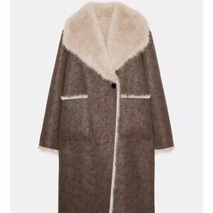 Zara Brown and Cream Faux Fur Coat
